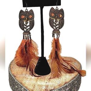 Vintage feathered owl dangle earrings